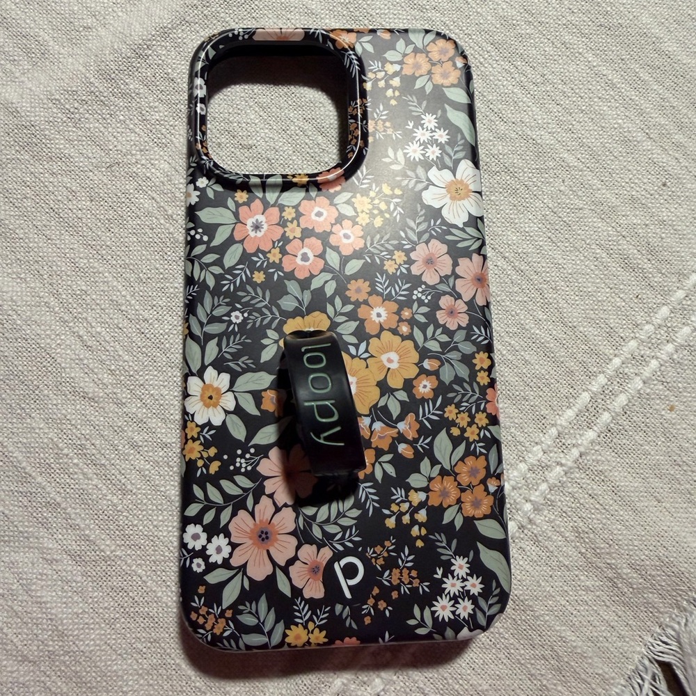iPhone 15 proMAX Loopy Case Floral Design with Loop - Black and Multicolor